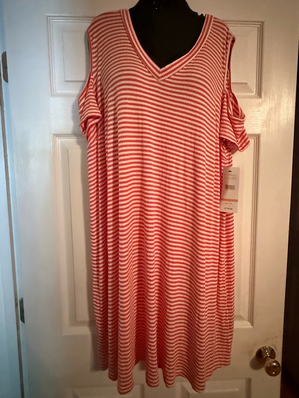 Striped Cold-Shoulder V-Neck Dress in Coral Pink